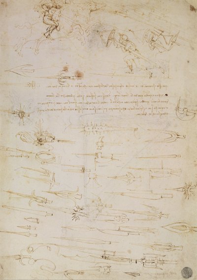 Sheet of studies of foot soldiers and horsemen in combat, and halbards, 1485-1488 by Leonardo da Vinci